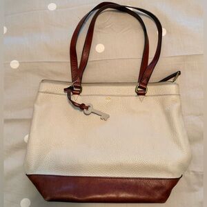 Fossil Cream and Brown Leather Tote